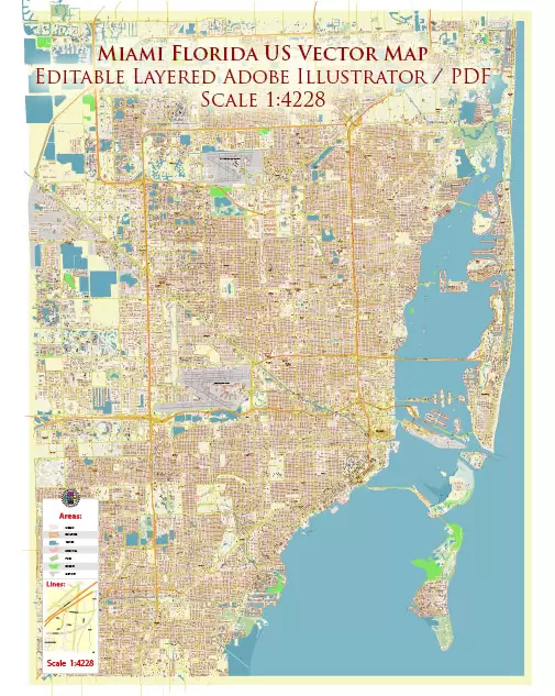 Miami Florida US Map Vector Exact High Detailed City Plan editable Adobe Illustrator Street Map in layers