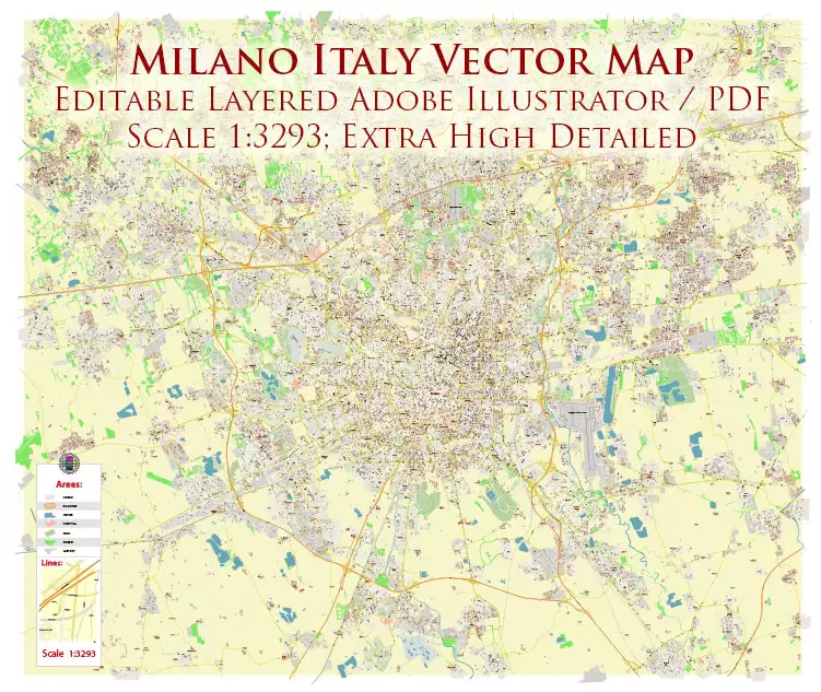 Milan / Milano Italy City Vector Map PDF: Exact High Detailed Urban Plan editable Adobe PDF Street Map in layers