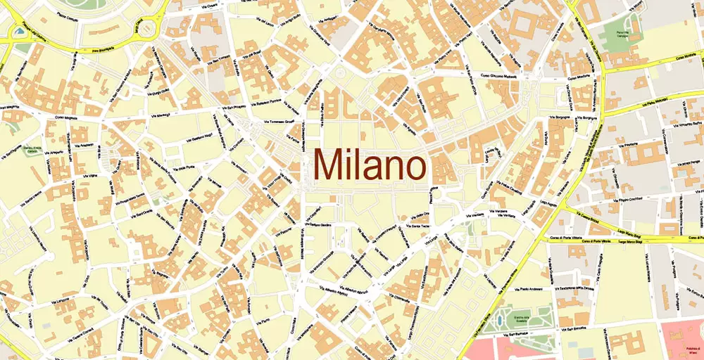 Milan / Milano Italy City Vector Map PDF: Exact High Detailed Urban Plan editable Adobe PDF Street Map in layers
