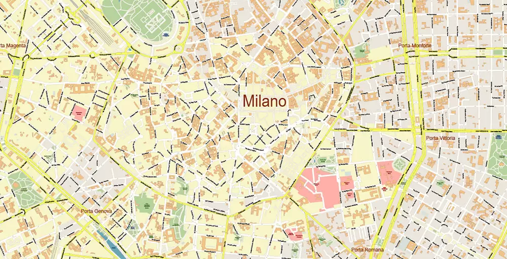 Milan / Milano Italy City Vector Map PDF: Exact High Detailed Urban Plan editable Adobe PDF Street Map in layers