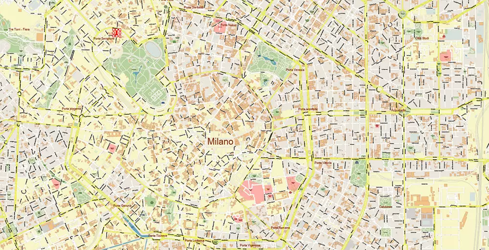 Milan / Milano Italy City Vector Map PDF: Exact High Detailed Urban Plan editable Adobe PDF Street Map in layers