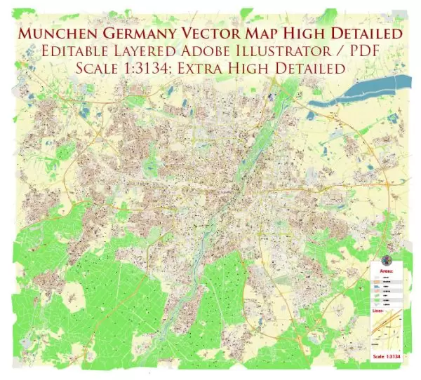 Munchen Germany Map Vector Exact High Detailed City Plan editable Adobe Illustrator Street Map in layers