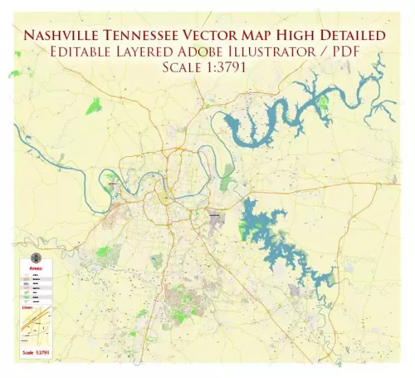 Nashville Tennessee US Map Vector Exact High Detailed City Plan editable Adobe Illustrator Street Map in layers