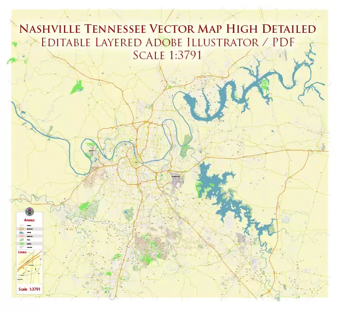 Nashville Tennessee US PDF Vector Map: Exact High Detailed City Plan editable Adobe PDF Street Map in layers