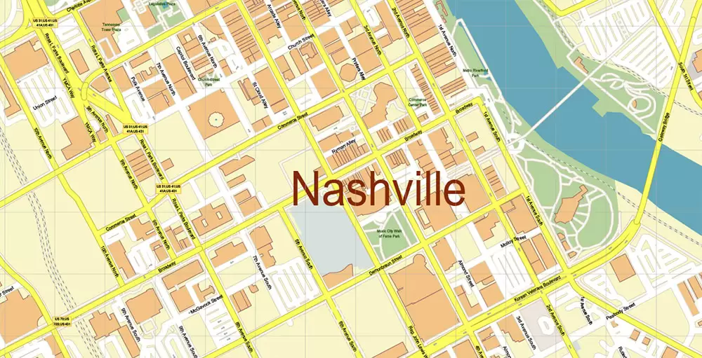 Nashville Tennessee US PDF Vector Map: Exact High Detailed City Plan editable Adobe PDF Street Map in layers
