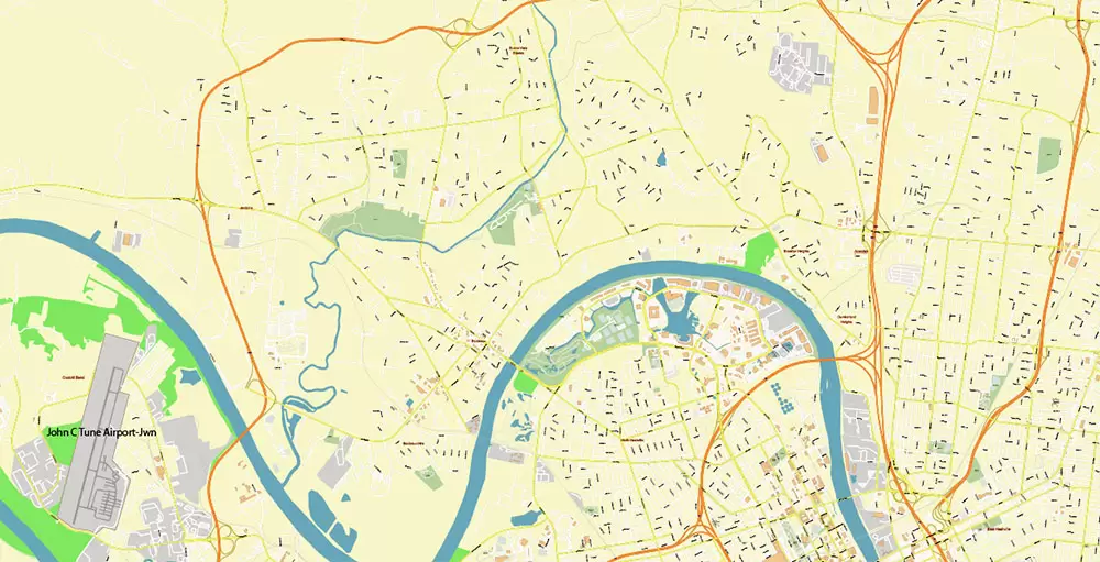 Nashville Tennessee US PDF Vector Map: Exact High Detailed City Plan editable Adobe PDF Street Map in layers