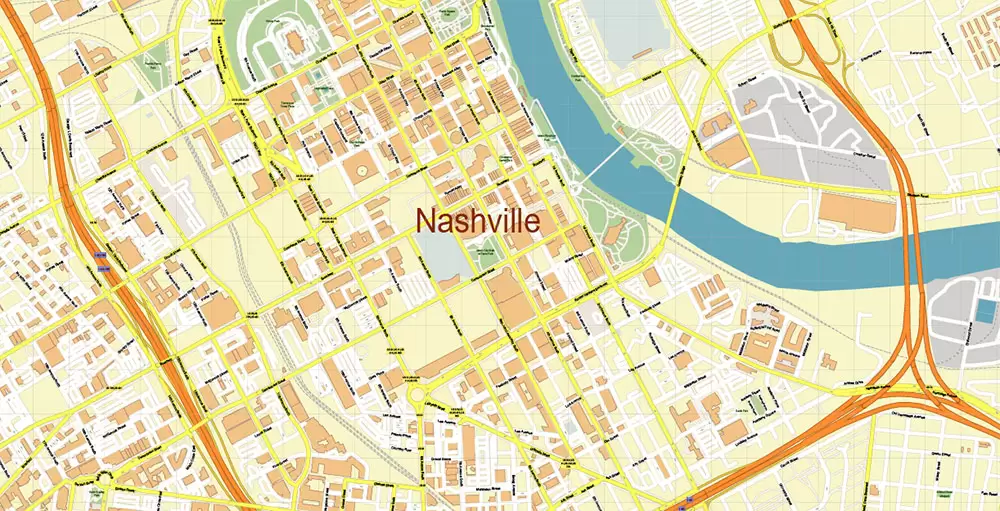 Nashville Tennessee US PDF Vector Map: Exact High Detailed City Plan editable Adobe PDF Street Map in layers