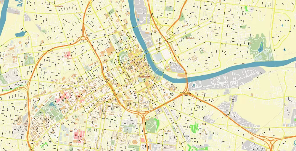 Nashville Tennessee US PDF Vector Map: Exact High Detailed City Plan editable Adobe PDF Street Map in layers