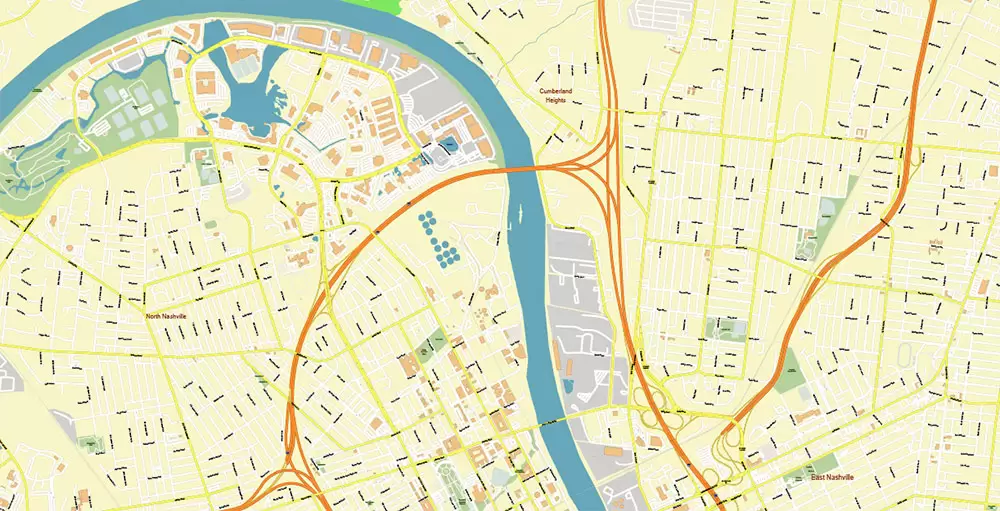 Nashville Tennessee US PDF Vector Map: Exact High Detailed City Plan editable Adobe PDF Street Map in layers