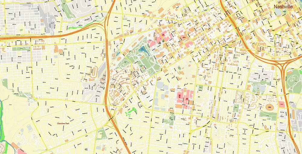 Nashville Tennessee US PDF Vector Map: Exact High Detailed City Plan editable Adobe PDF Street Map in layers