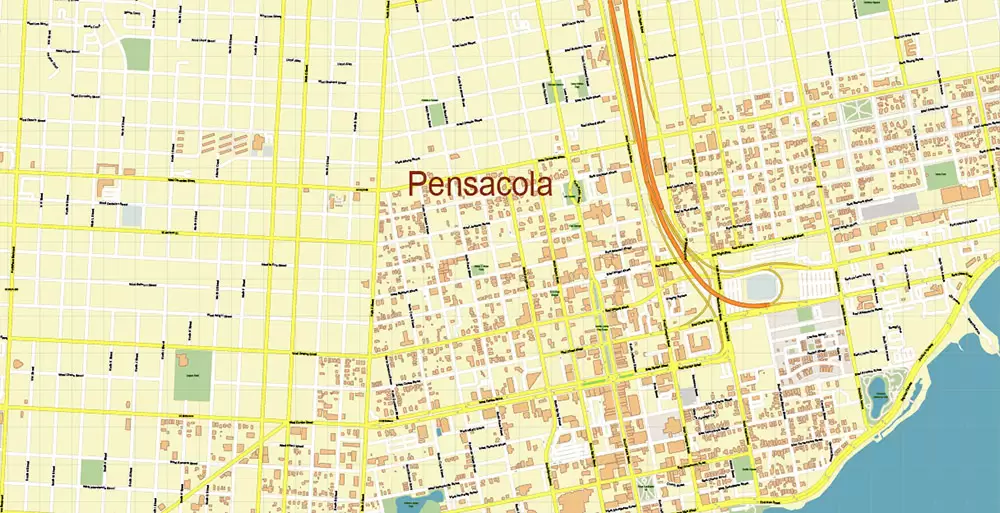 Pensacola Florida US City Vector Map PDF: Exact High Detailed Urban Plan editable Adobe PDF Street Map in layers