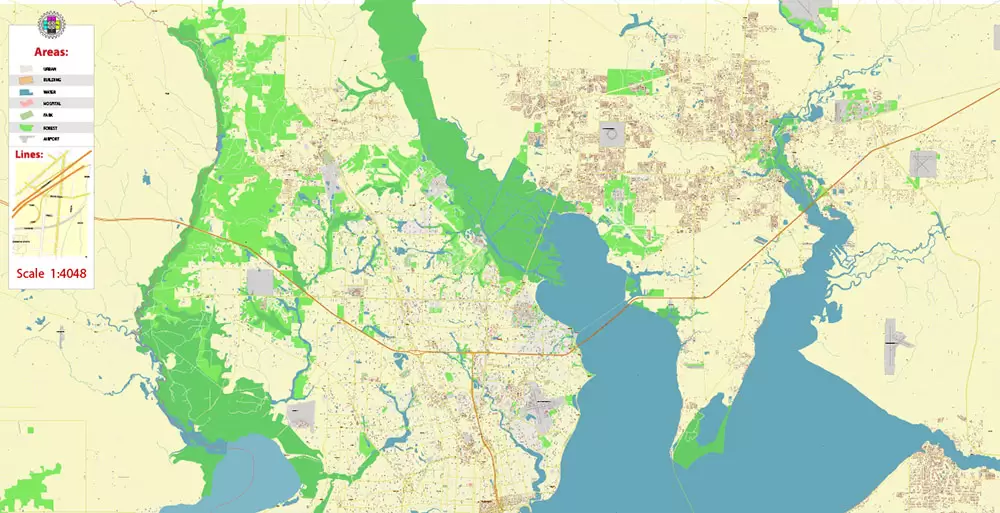 Pensacola Florida US City Vector Map PDF: Exact High Detailed Urban Plan editable Adobe PDF Street Map in layers