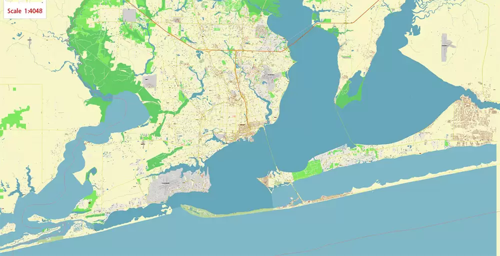 Pensacola Florida US City Vector Map PDF: Exact High Detailed Urban Plan editable Adobe PDF Street Map in layers