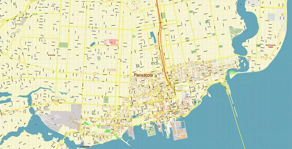 Pensacola Florida US City Vector Map PDF: Exact High Detailed Urban Plan editable Adobe PDF Street Map in layers