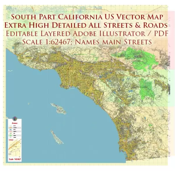 Southern California US Map Vector Exact High Detailed Region Plan editable Adobe Illustrator Street Road Map in layers (Names Main Streets)