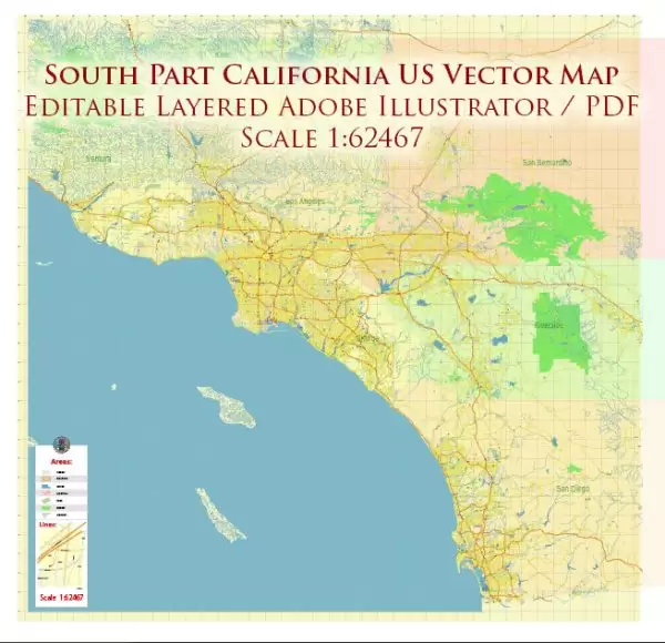 Southern California US Map Vector Exact Detailed Region Plan editable Adobe Illustrator Street Road Map in layers
