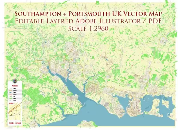 Southampton + Portsmouth UK Map Vector Exact High Detailed City Plan editable Adobe Illustrator Street Map in layers