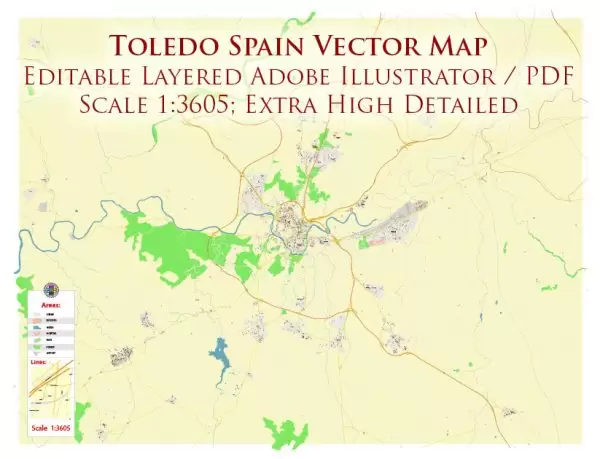 Toledo Spain City Vector Map Exact High Detailed Urban Plan editable Adobe Illustrator Street Map in layers