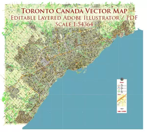 Toronto Canada Map Vector City Plan Low Detailed (for small print size) Street Map editable Adobe Illustrator in layers