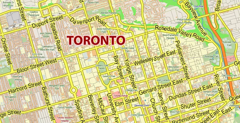 Toronto Canada PDF Vector Map: City Plan Low Detailed (for small print size) Street Map editable Adobe PDF in layers