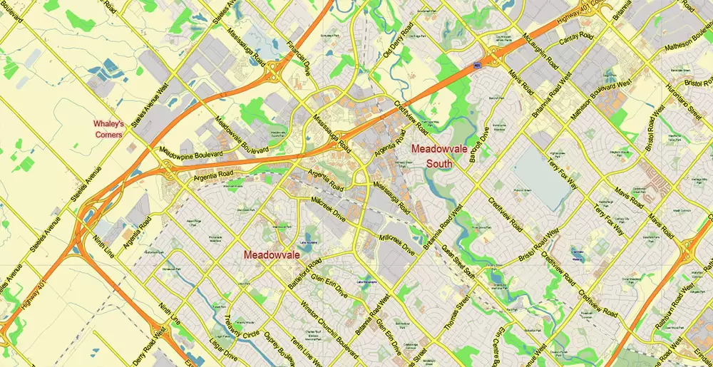 Toronto Canada PDF Vector Map: City Plan Low Detailed (for small print size) Street Map editable Adobe PDF in layers