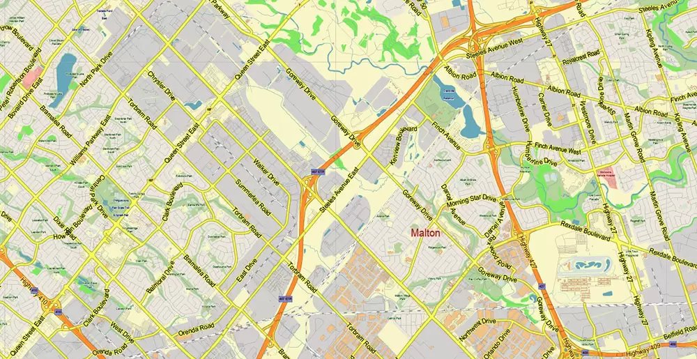 Toronto Canada PDF Vector Map: City Plan Low Detailed (for small print size) Street Map editable Adobe PDF in layers