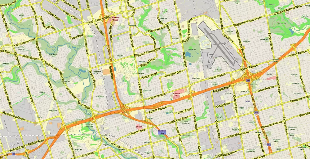 Toronto Canada PDF Vector Map: City Plan Low Detailed (for small print size) Street Map editable Adobe PDF in layers