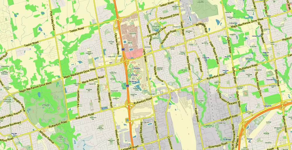 Toronto Canada PDF Vector Map: City Plan Low Detailed (for small print size) Street Map editable Adobe PDF in layers