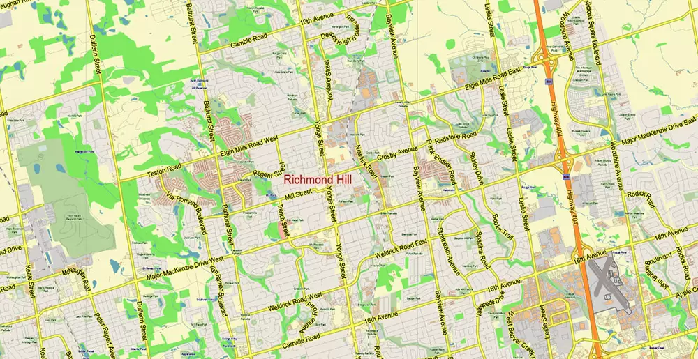 Toronto Canada PDF Vector Map: City Plan Low Detailed (for small print size) Street Map editable Adobe PDF in layers