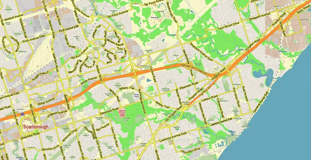 Toronto Canada PDF Vector Map: City Plan Low Detailed (for small print size) Street Map editable Adobe PDF in layers
