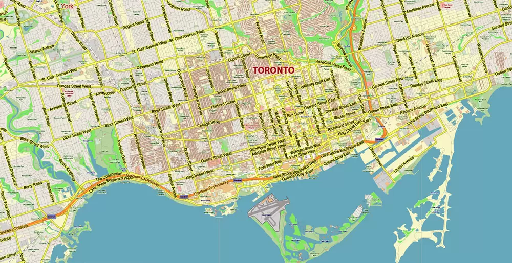 Toronto Canada PDF Vector Map: City Plan Low Detailed (for small print size) Street Map editable Adobe PDF in layers