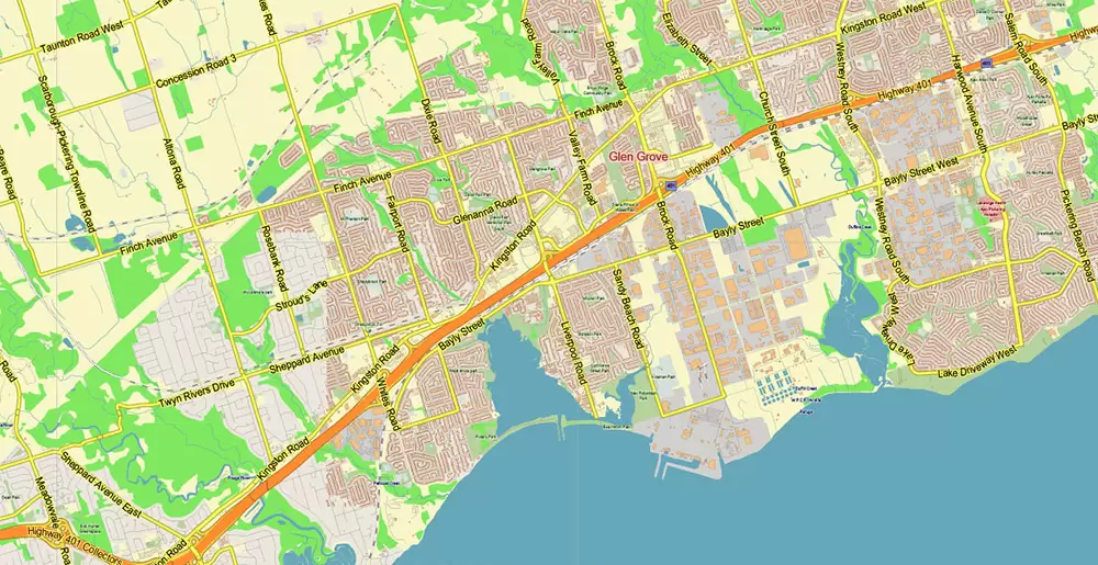 Toronto Canada PDF Vector Map: City Plan Low Detailed (for small print size) Street Map editable Adobe PDF in layers