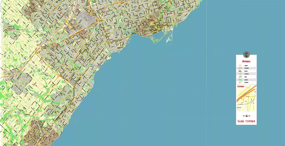 Toronto Canada PDF Vector Map: City Plan Low Detailed (for small print size) Street Map editable Adobe PDF in layers