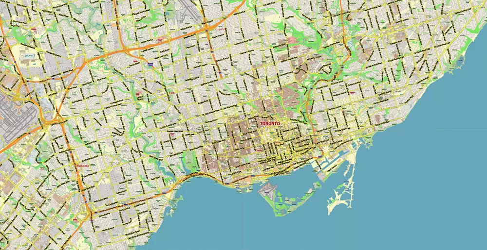 Toronto Canada PDF Vector Map: City Plan Low Detailed (for small print size) Street Map editable Adobe PDF in layers