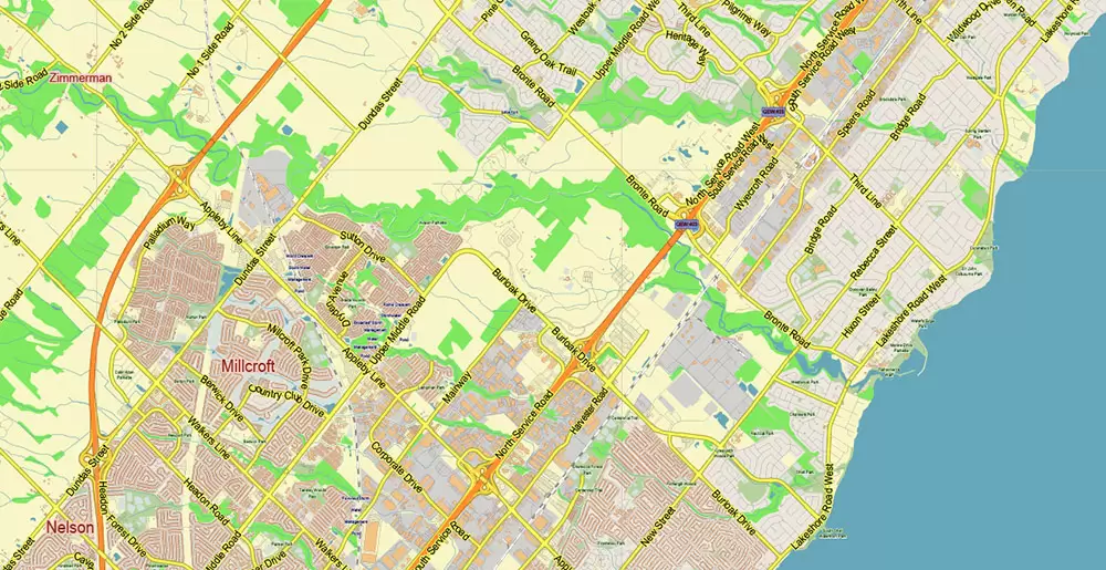 Toronto Canada PDF Vector Map: City Plan Low Detailed (for small print size) Street Map editable Adobe PDF in layers