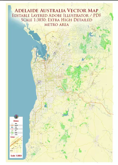 Adelaide Australia City Vector Map Exact High Detailed Urban Plan editable Adobe Illustrator Street Map in layers