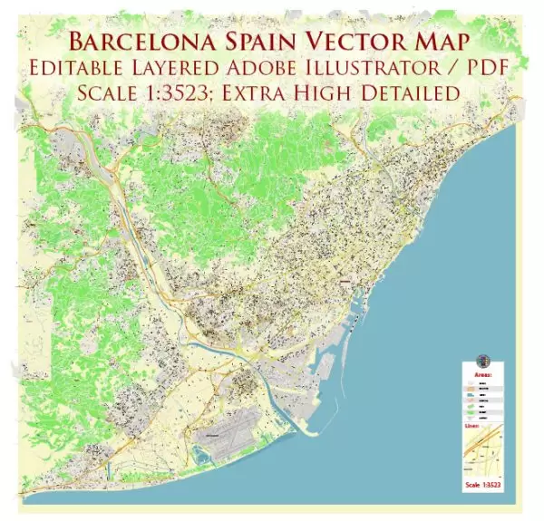 Barcelona Spain City Vector Map Exact High Detailed Urban Plan editable Adobe Illustrator Street Map in layers