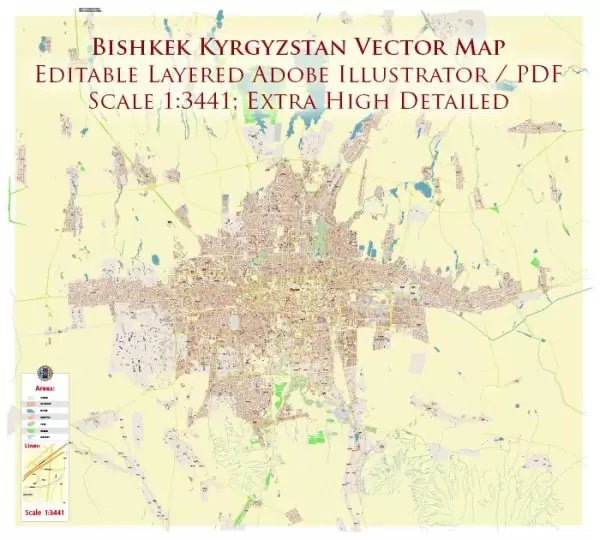 Bishkek Kyrgyzstan City Vector Map Exact High Detailed Urban Plan editable Adobe Illustrator Street Map in layers