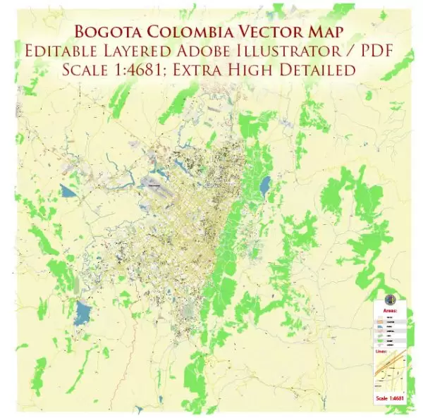 Bogota Colombia City Vector Map Exact High Detailed editable Adobe Illustrator Street Map in layers
