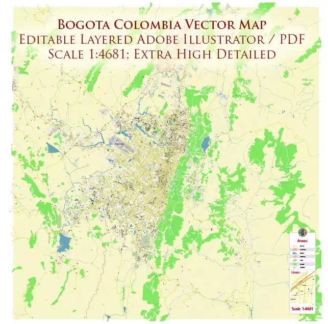 Bogota Colombia PDF City Vector Map Exact High Detailed editable Adobe PDF Street Map in layers