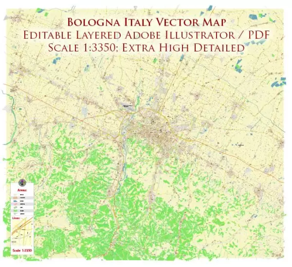 Bologna Italy City Vector Map Exact High Detailed editable Adobe Illustrator Street Map in layers
