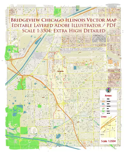 Bridgeview Illinois Chicago US City Vector Map Exact High Detailed editable Adobe Illustrator Street Map in layers