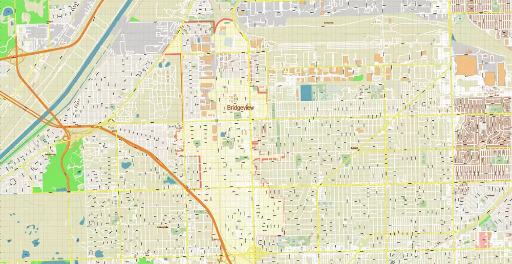 Bridgeview Illinois Chicago US City Vector Map Exact High Detailed editable Adobe Illustrator Street Map in layers