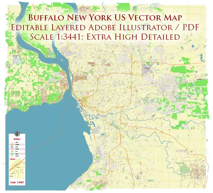 Buffalo New York US City Vector PDF Map Exact High Detailed editable Adobe PDF Street Map in layers