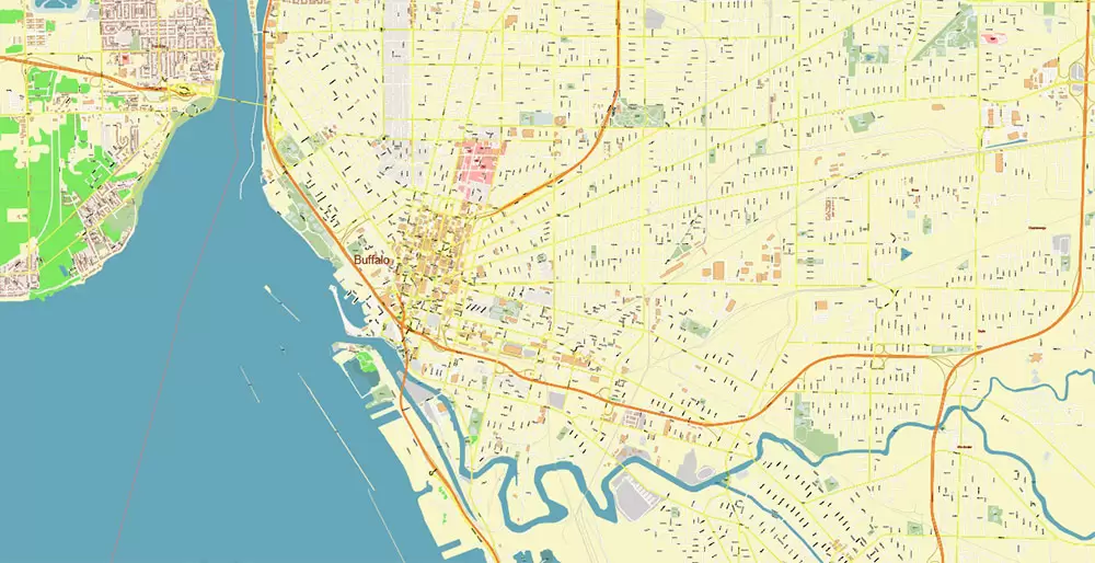 Buffalo New York US City Vector PDF Map Exact High Detailed editable Adobe PDF Street Map in layers