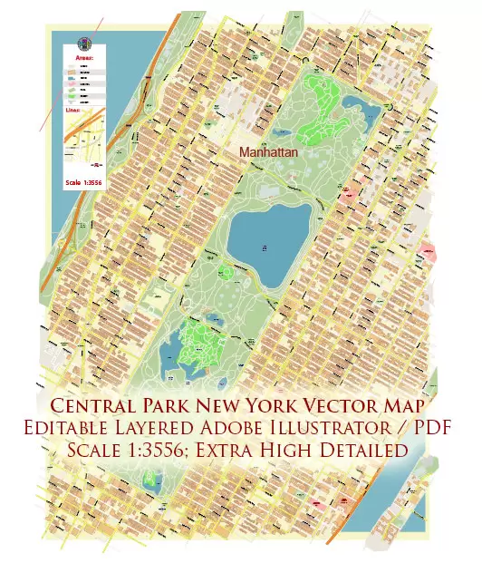 Central Park New York City US City Vector Map Exact High Detailed editable Adobe Illustrator Street Map in layers