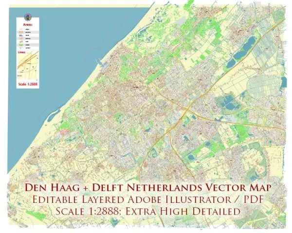 Den Haag + Delft Netherlands City Vector Map Exact High Detailed editable Adobe Illustrator Street Map in layers