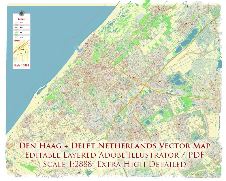 Den Haag (The Hague) + Delft Netherlands PDF City Vector Map Exact High Detailed editable Adobe PDF Street Map in layers