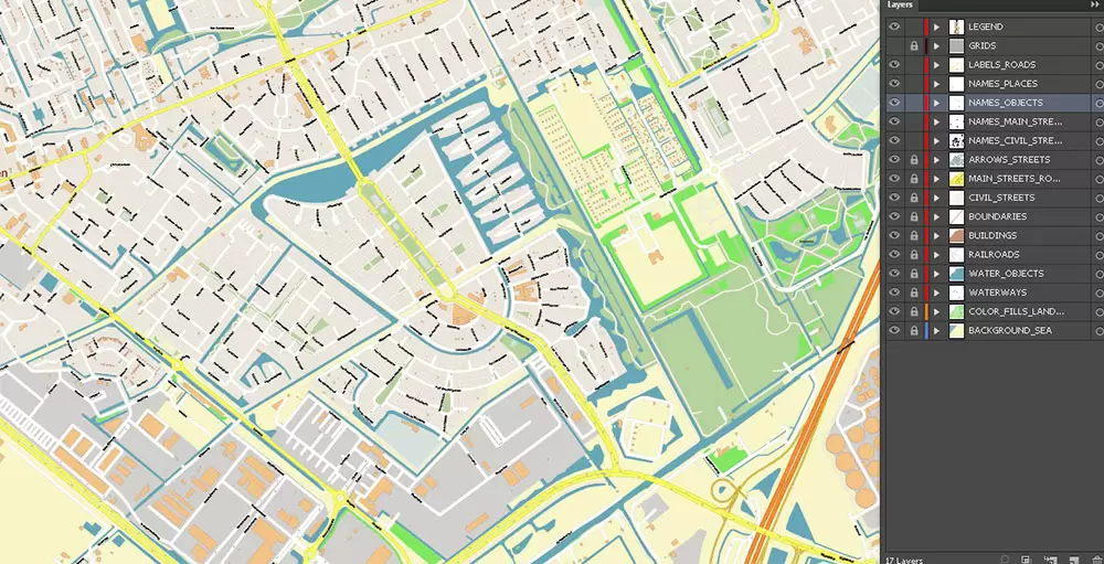 Den Haag (The Hague) + Delft Netherlands PDF City Vector Map Exact High Detailed editable Adobe PDF Street Map in layers