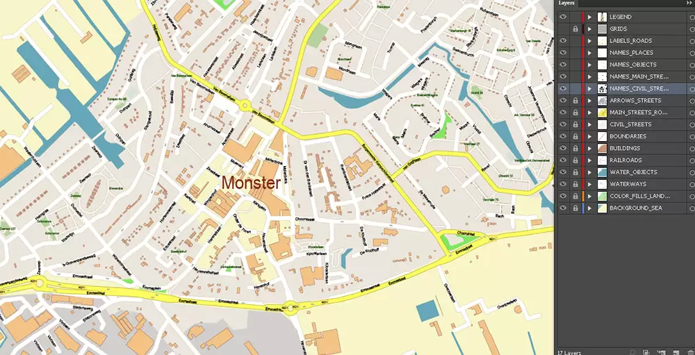 Den Haag (The Hague) + Delft Netherlands PDF City Vector Map Exact High Detailed editable Adobe PDF Street Map in layers